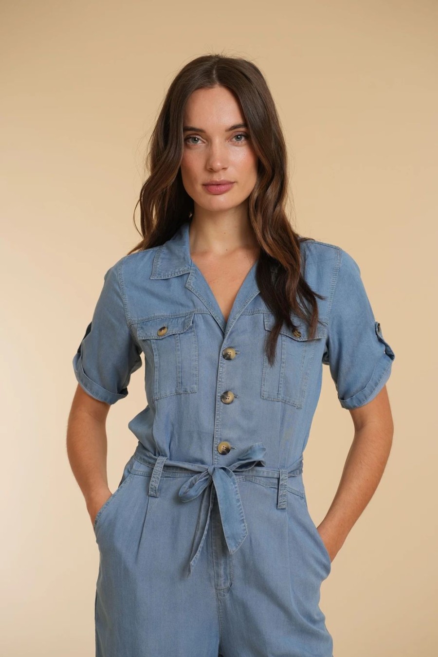 Jurken & Jumpsuits | Geisha Fashion Geisha Dames Denim Jumpsuit Met Ceintuur 41049-10